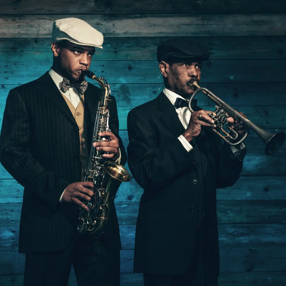 Personal branding for musicians with a vintage jazz aesthetic, featuring two men in suits playing saxophone and trumpet
