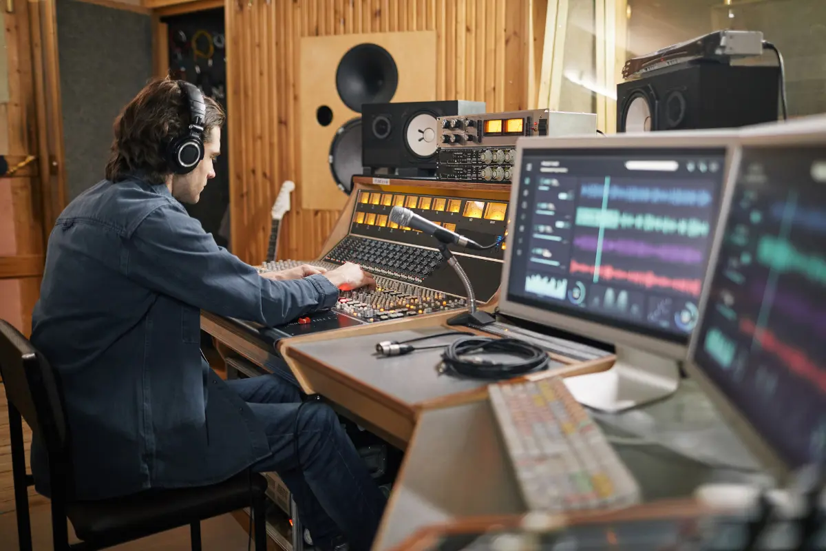 Social network for musicians with an audio engineer mixing tracks in a professional studio with waveform displays on monitors