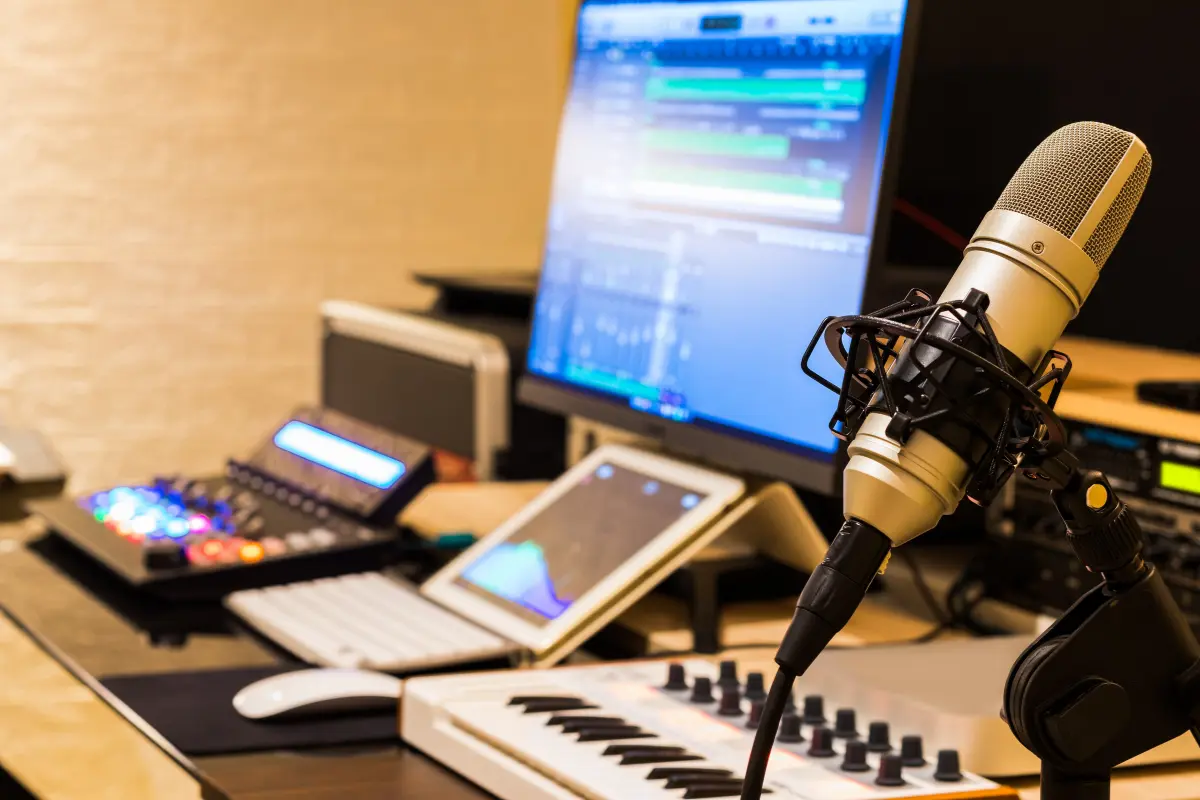 Stream music online setup showing a professional microphone, MIDI keyboard, and audio editing software on screen