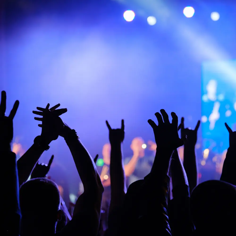 Social media for artists represented by a cheering concert crowd under vibrant blue stage lights