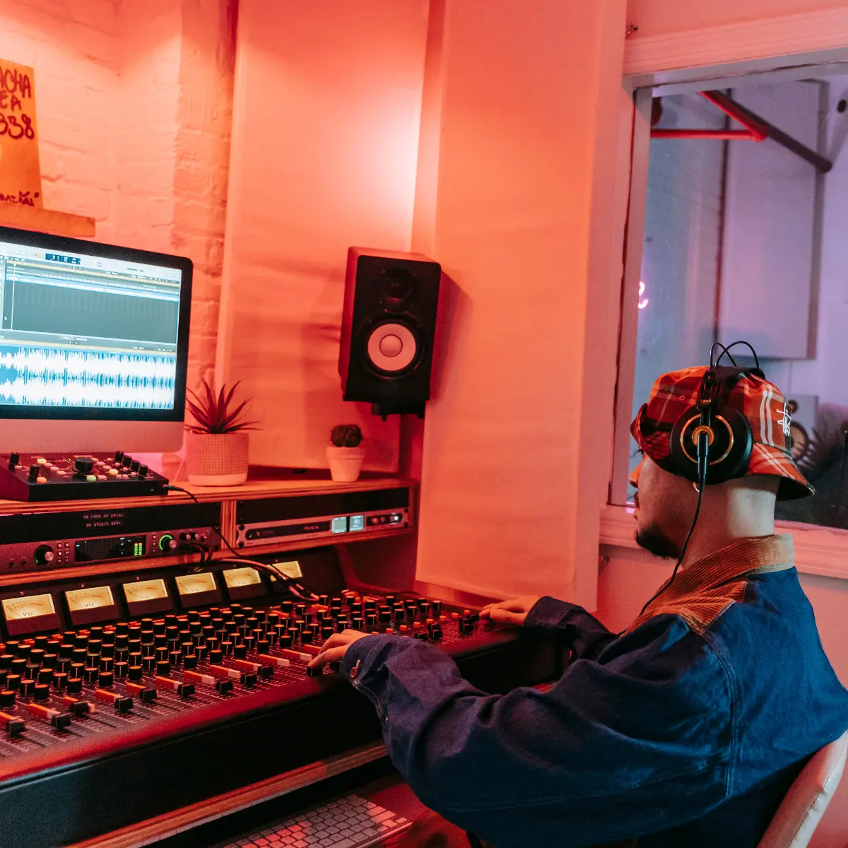 Music producer working in a red-lit studio with waveform displayed on computer screen.