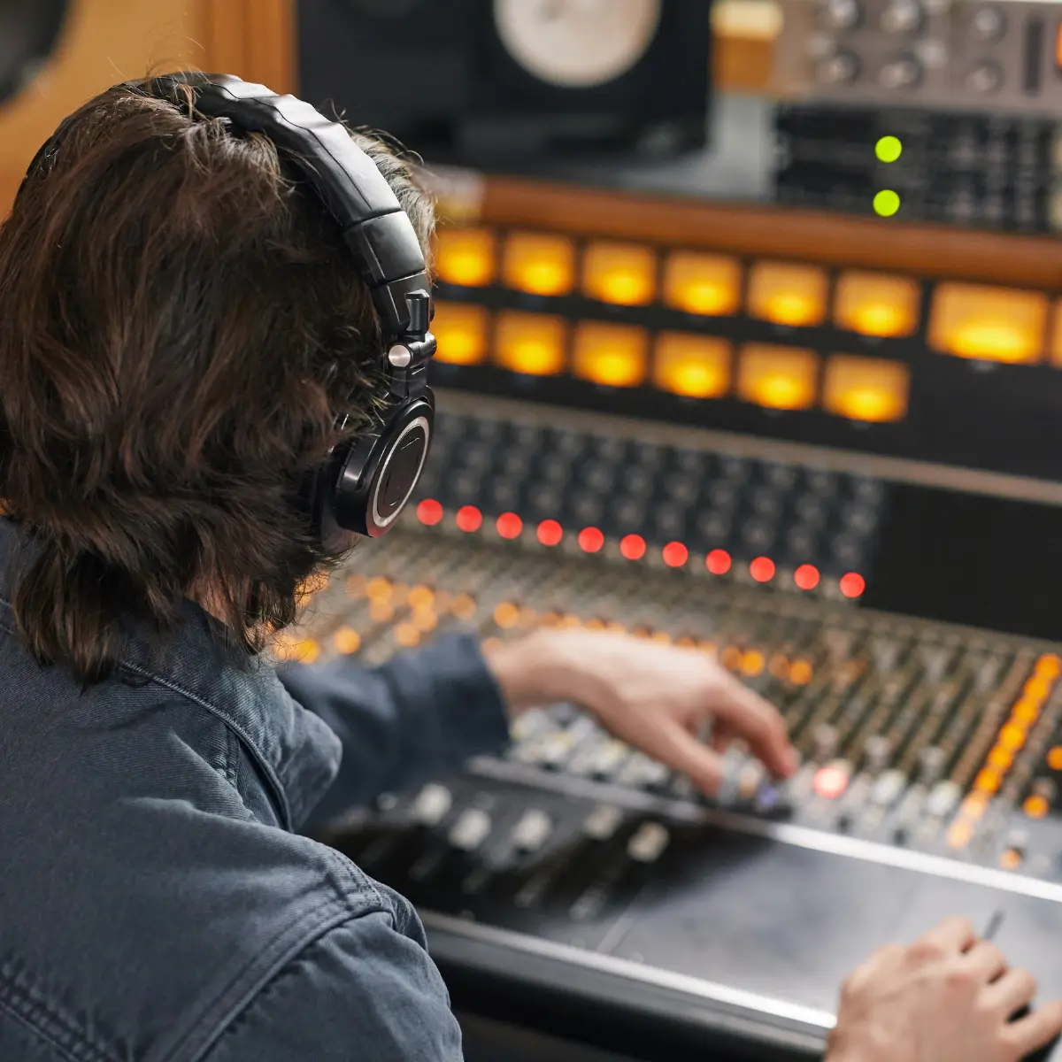 Music producer adjusting levels on a large audio mixing console while wearing headphones.