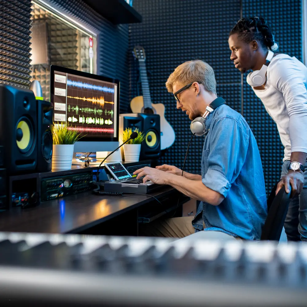 Music producer collaborating on audio tracks in a modern studio with soundproofing and waveform display.